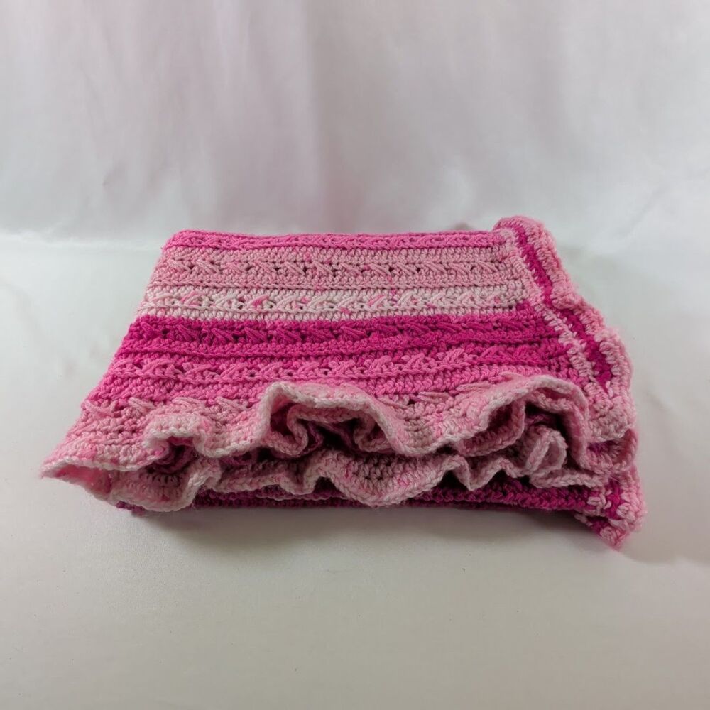 Handmade Crochet Baby Blanket Pink Striped Ruffle Edge Afghan